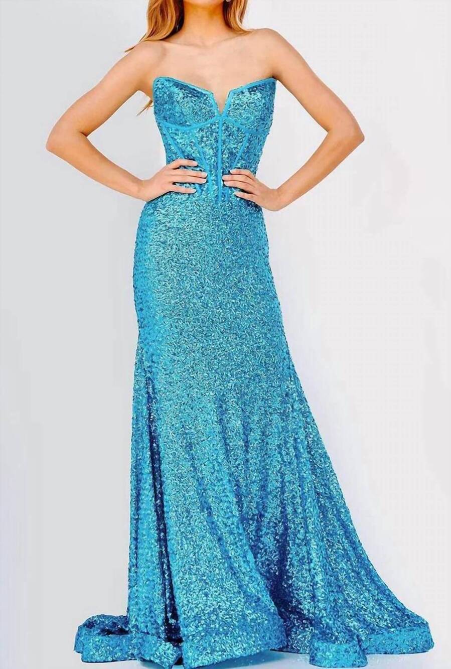 NEW JOVANI beaded strapless evening gown in turquoise